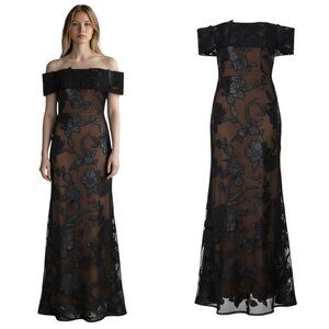 Marchesa Notte Black Floral Off Shoulder Gown Size 16 NWT Formal